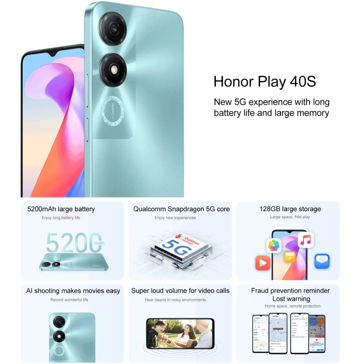 Honor Play 40S 5G, 6.56 inch MagicOS 7.1 Snapdragon 480 Plus Octa Core up to 2.2GHz, Network: 5G, Not Support Google Play, 4GB+128GB Honor Play 40S 5G, 6.56 inch MagicOS 7.1 Snapdragon 480 Plus Octa Core up to 2.2GHz, Network: 5G, Not Support Google Play, 4GB+128GB